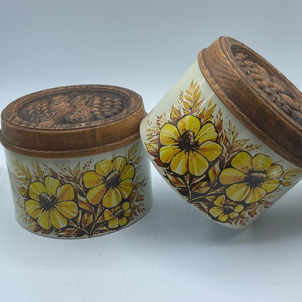 1970’s Cheinco “Flower Power” yellow flower kitchen  canisters.